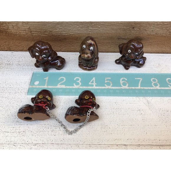 5 Vtg Japan Brown Dogs On Chain Ceramic Figurine Set Redware Pottery MCM 60s - Picture 5 of 6